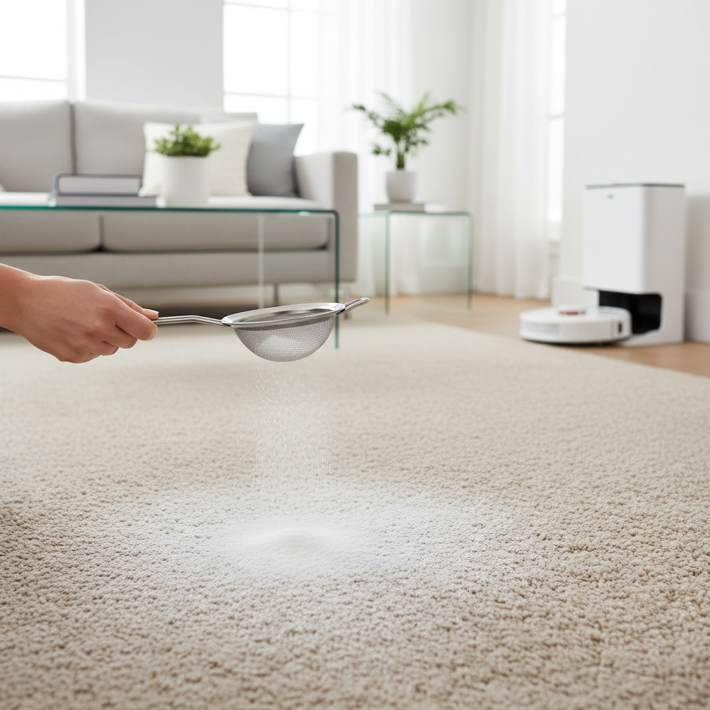 Sprinkling baking soda evenly on carpet before vacuuming to remove odors naturally