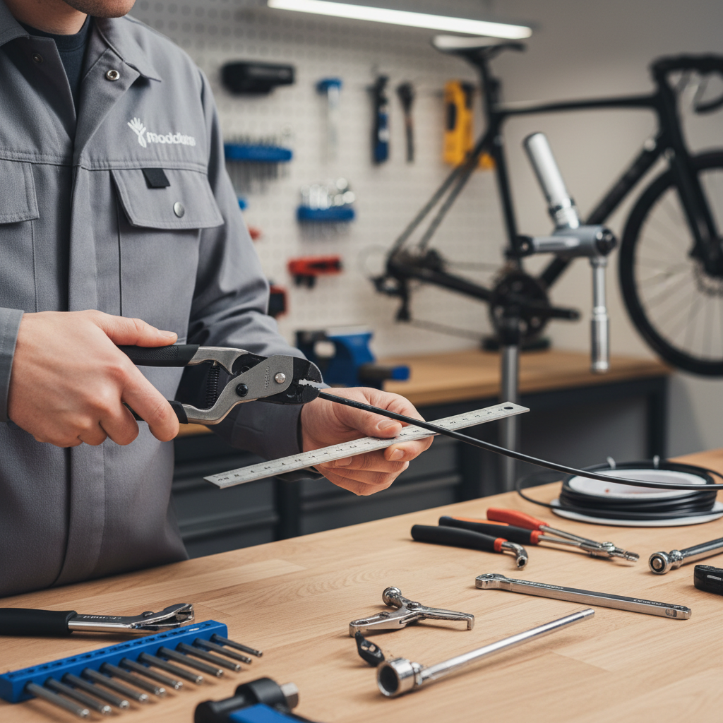 Bike mechanic measuring and cutting brake cable housing with cable cutters