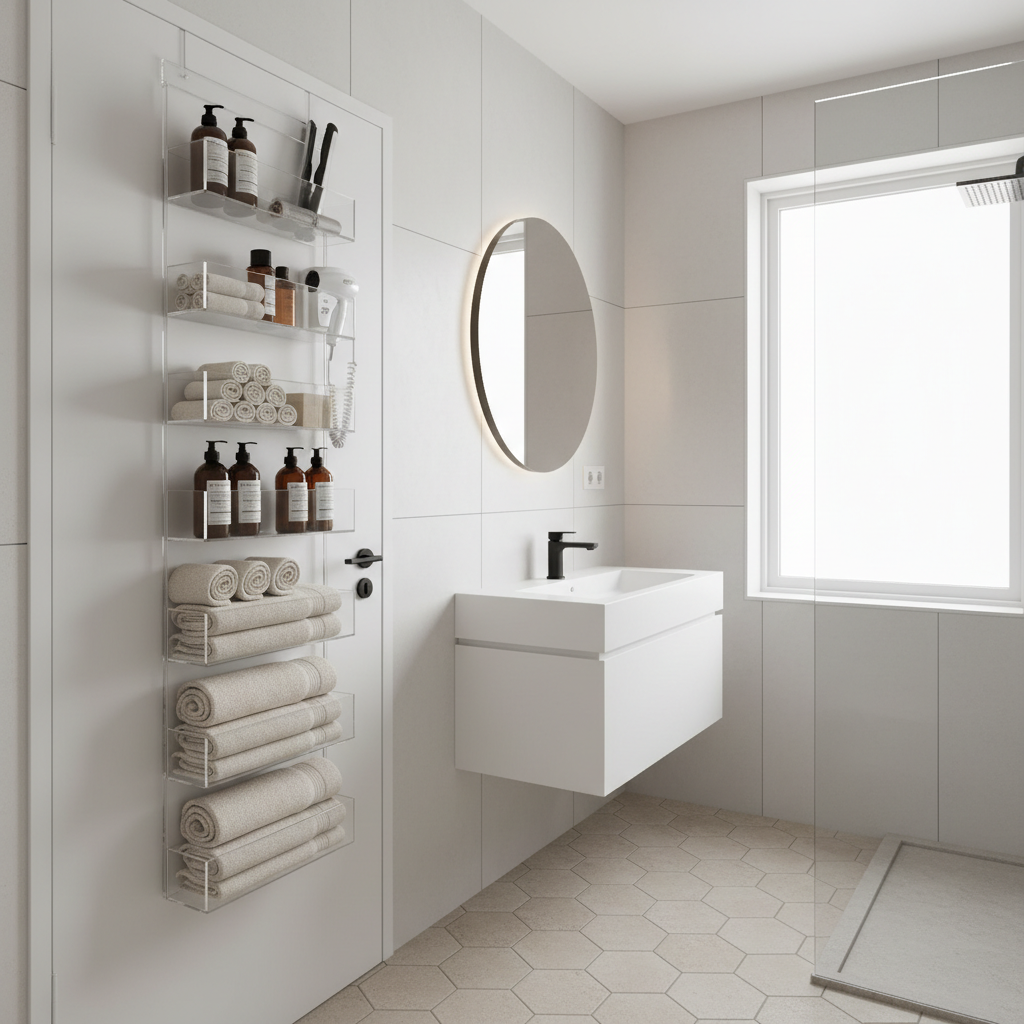 Over the door organizer on a bathroom door storing towels and toiletries