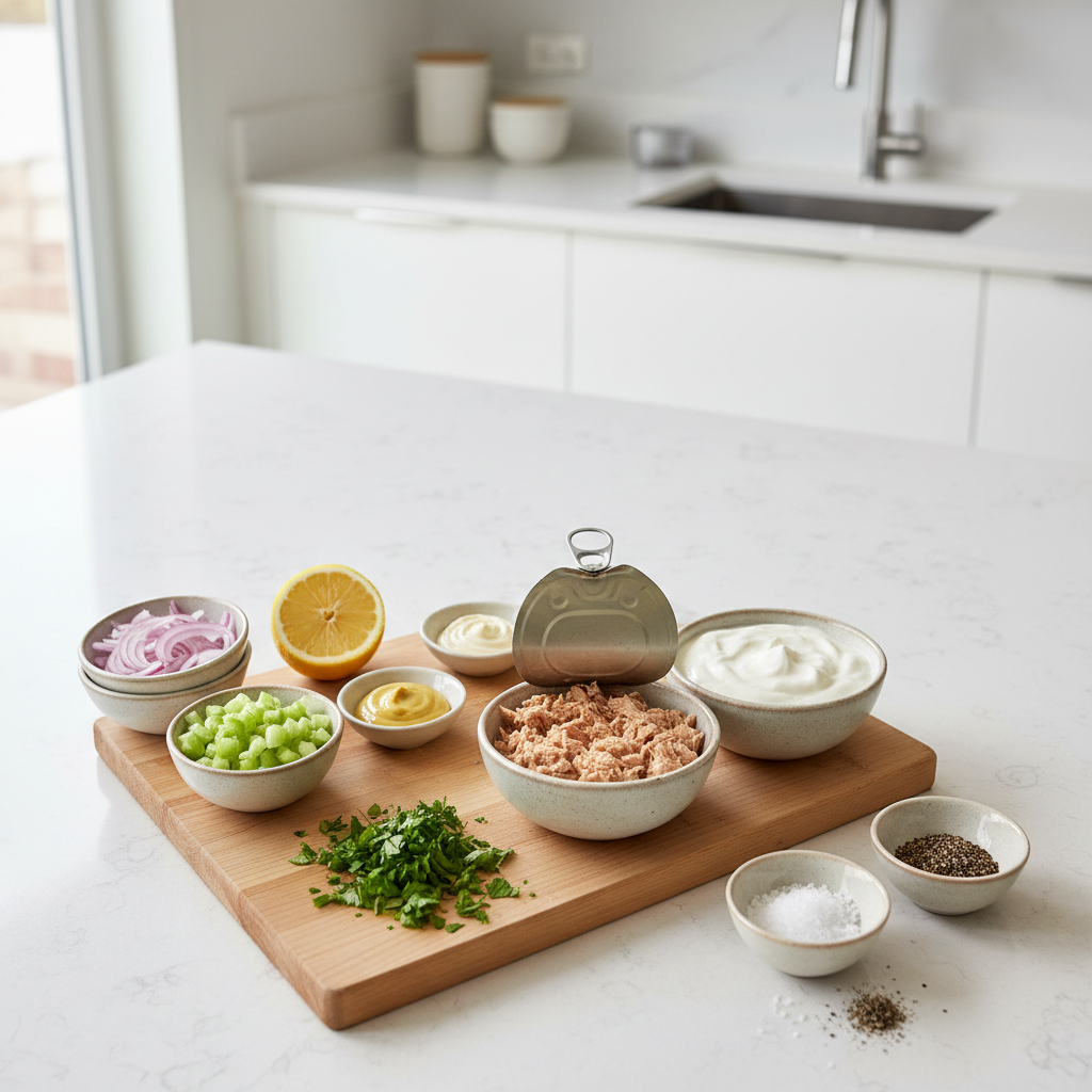 Healthy tuna salad ingredients on a kitchen counter