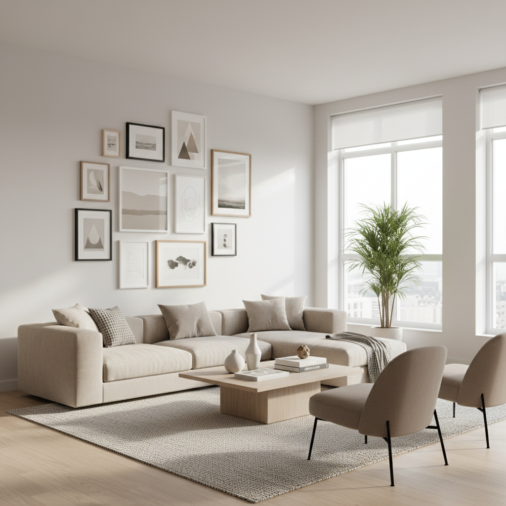 Rental living room with gallery wall hung using removable adhesive strips