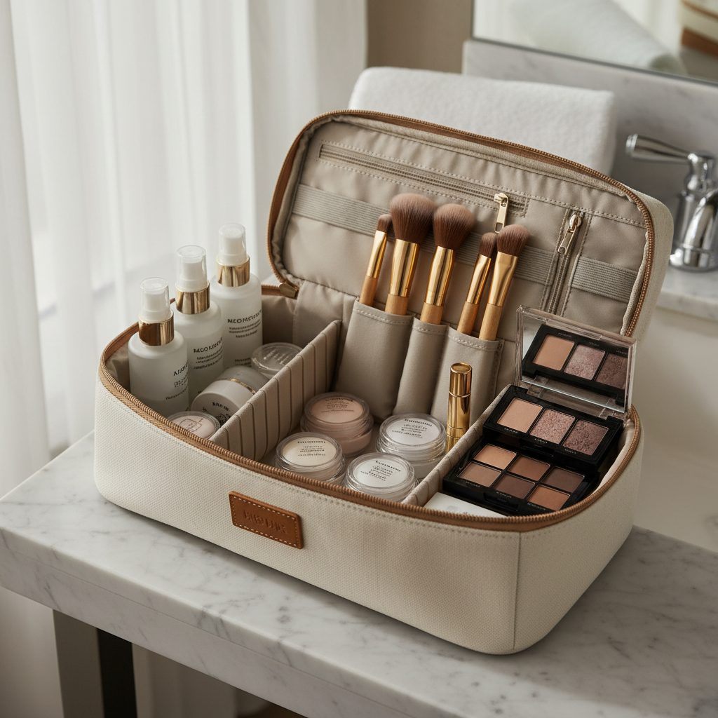 Travel makeup bag organizer opened on a hotel vanity with compartments and toiletries