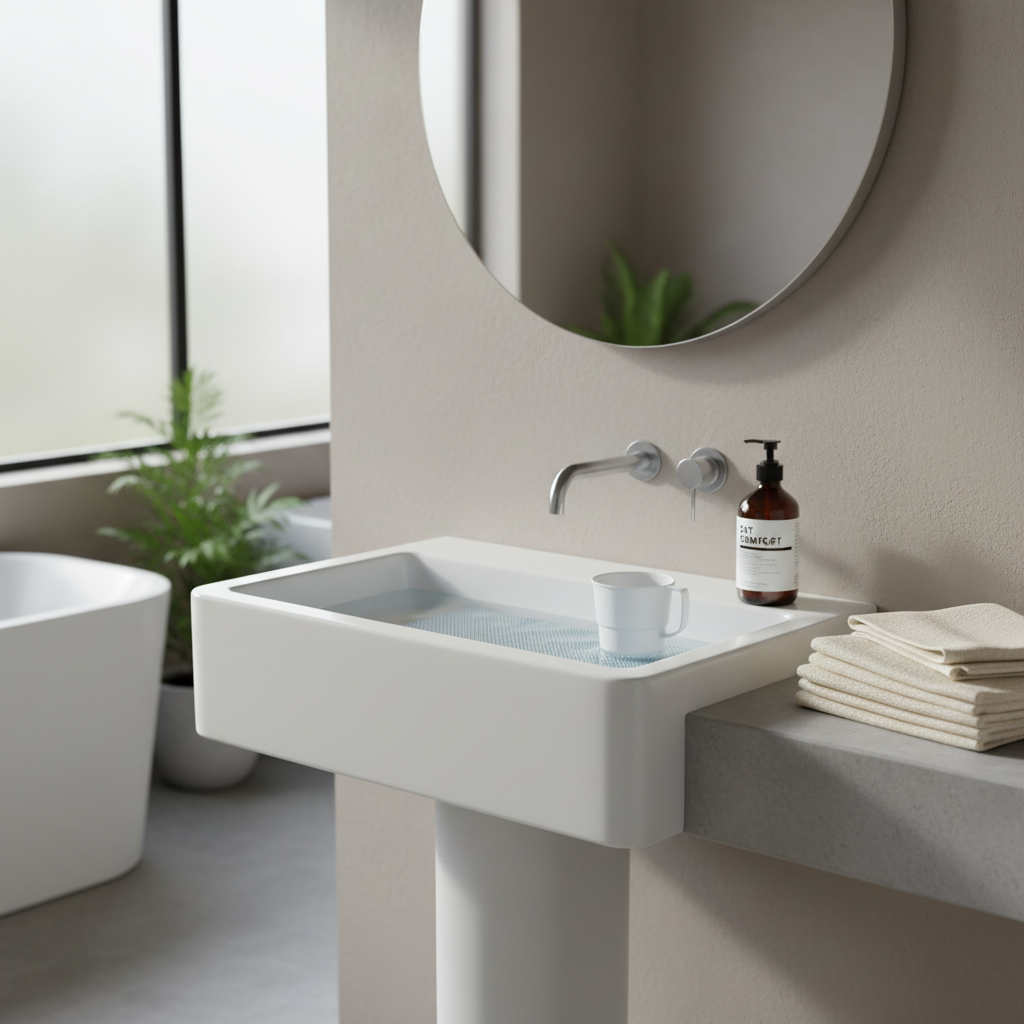 Calm cat bath setup with towels, cup, and non-slip mat