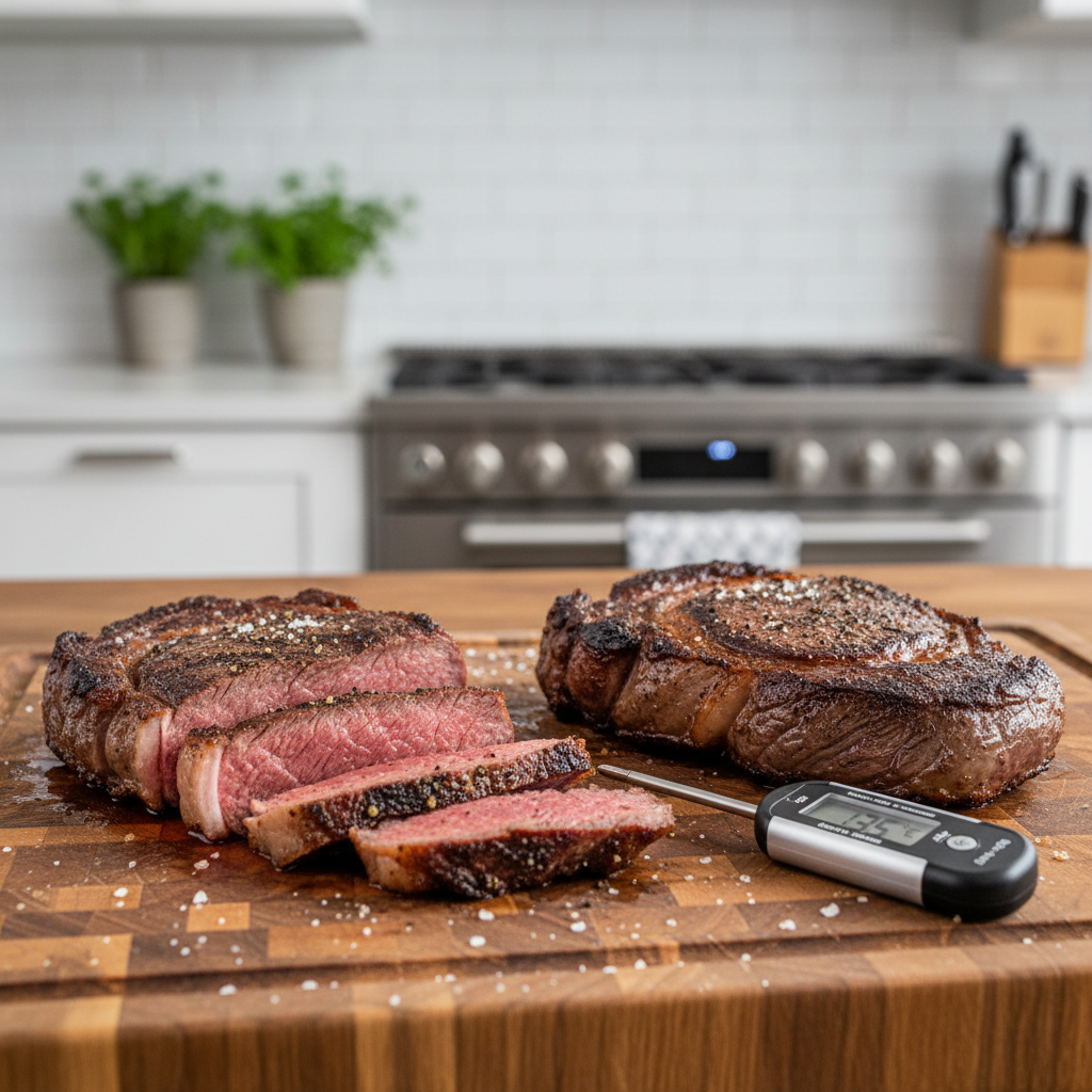 Medium rare steak doneness comparison with thermometer and resting juices