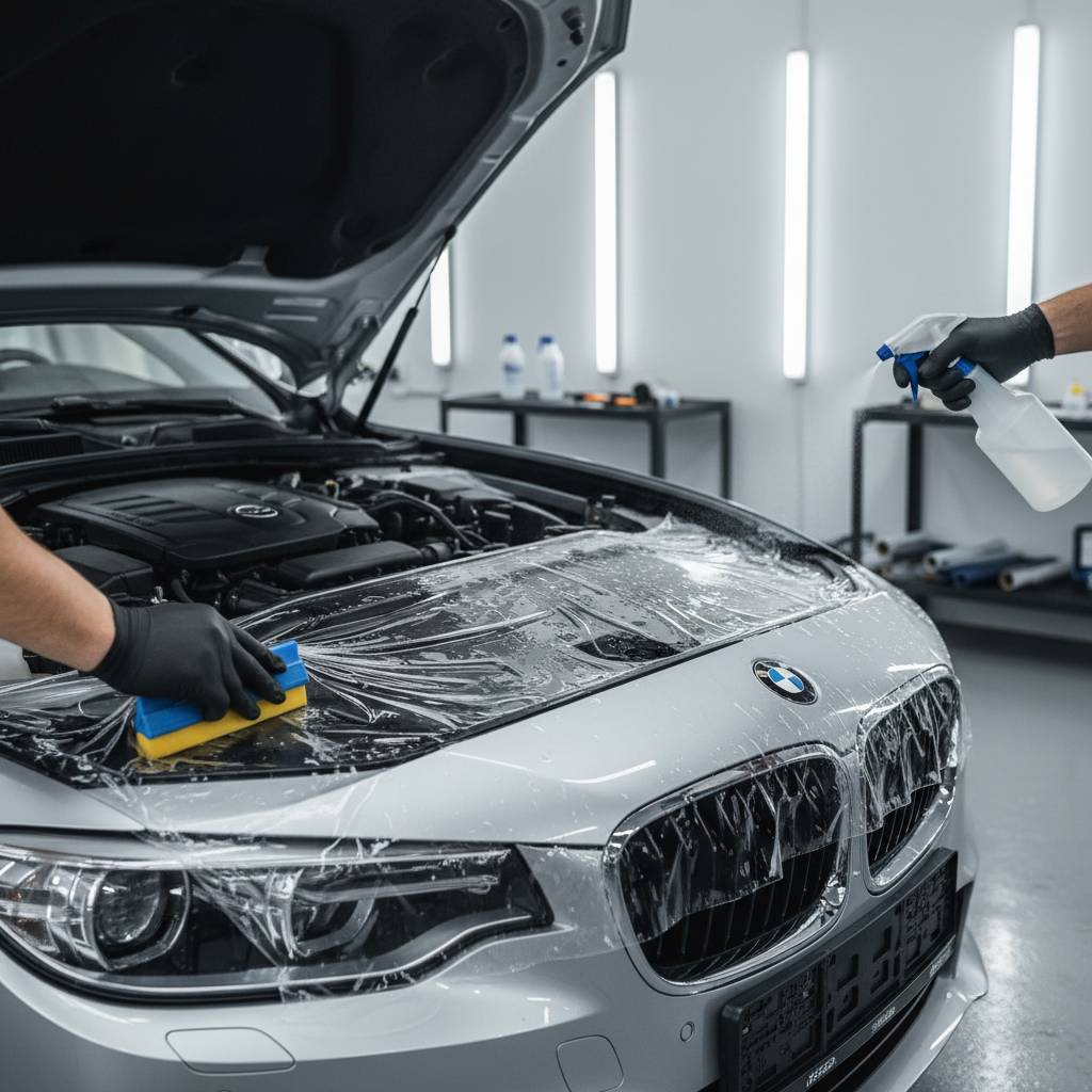 DIY car paint protection film kit installation on a modern car hood