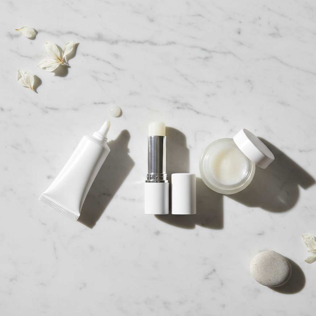 Flat lay of lip balm types for dry lips: stick, tube, and jar on a clean background