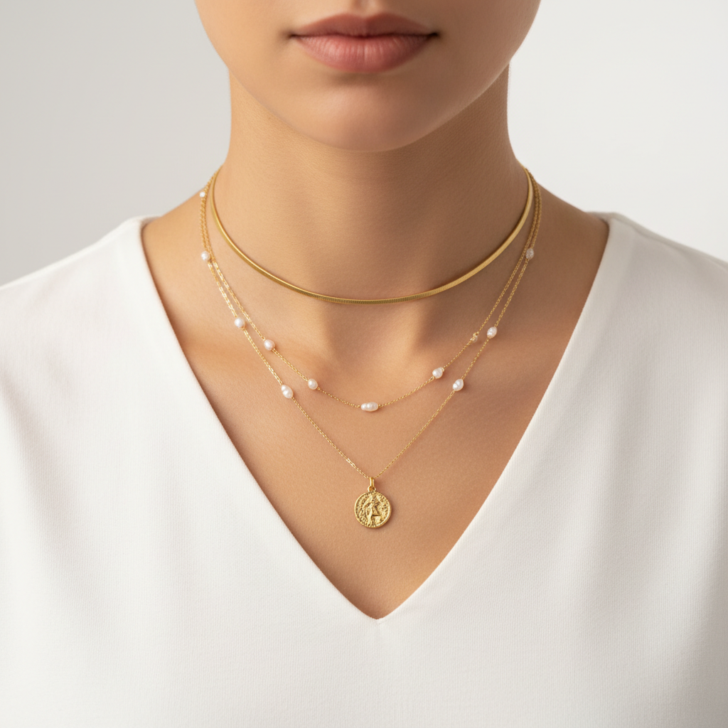 Layered necklace stack with one hero pendant and two simple chains