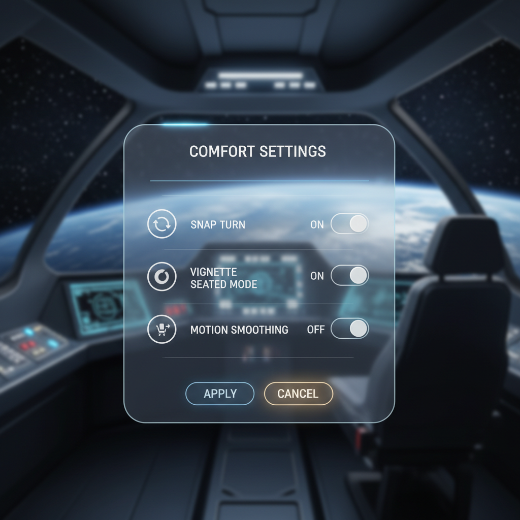 Player comfort settings menu in a VR space game