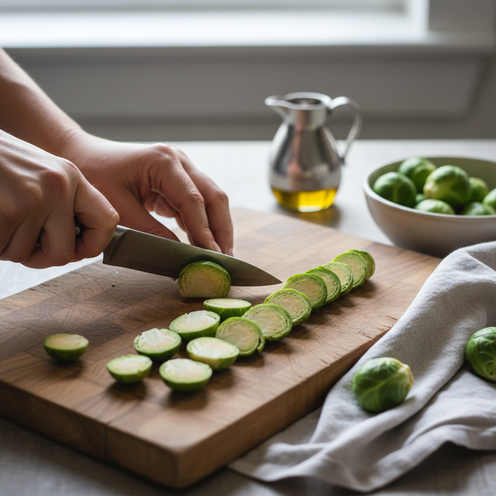 Cutting and drying Brussels sprouts on a kitchen towel before roasting
