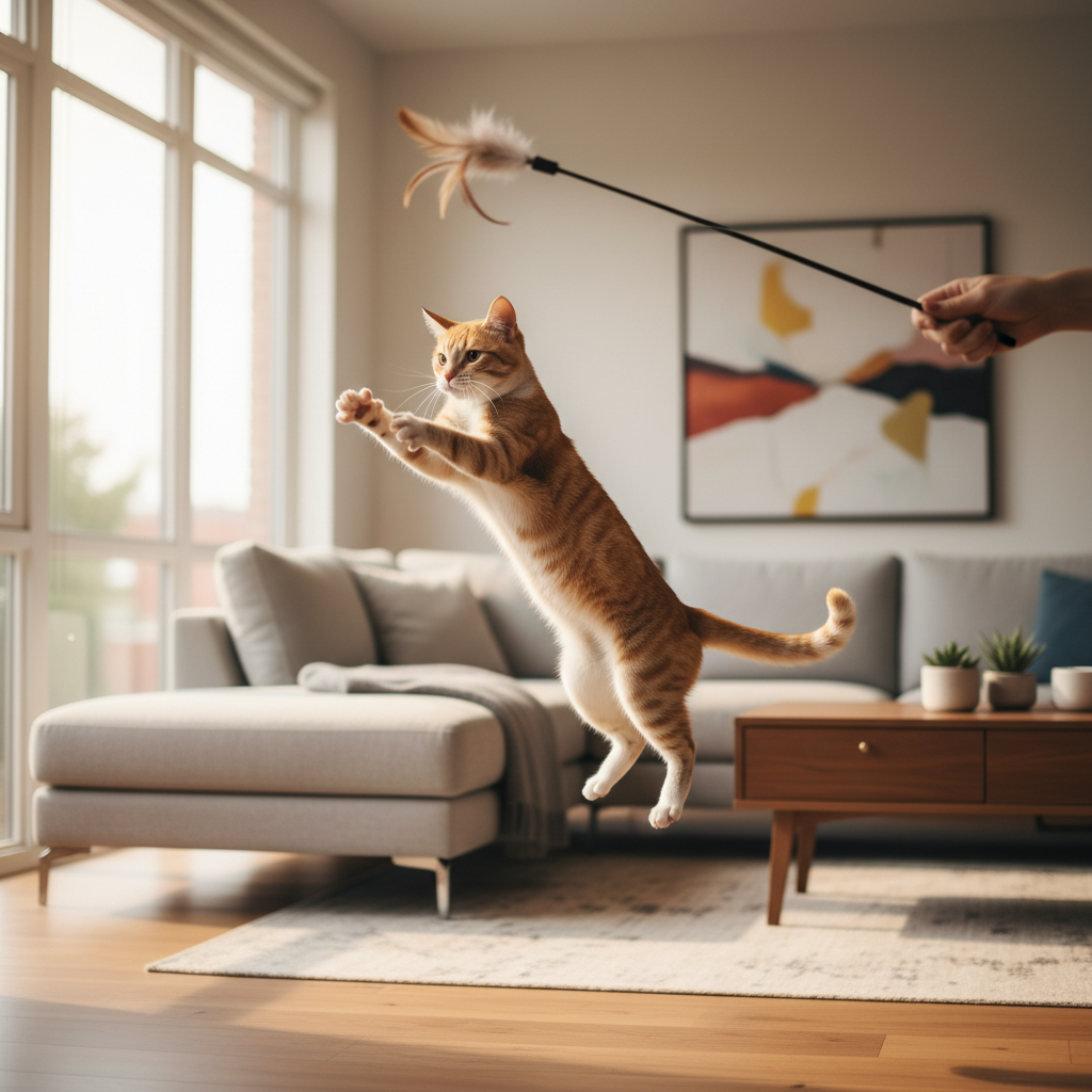 Indoor cat playing with interactive wand toy in a living room