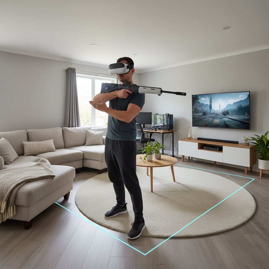 Player adjusting VR gun stock shoulder position in a living room play space