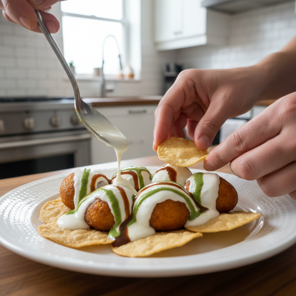 Assembling dahi bhalla papdi with yogurt and chutney drizzle
