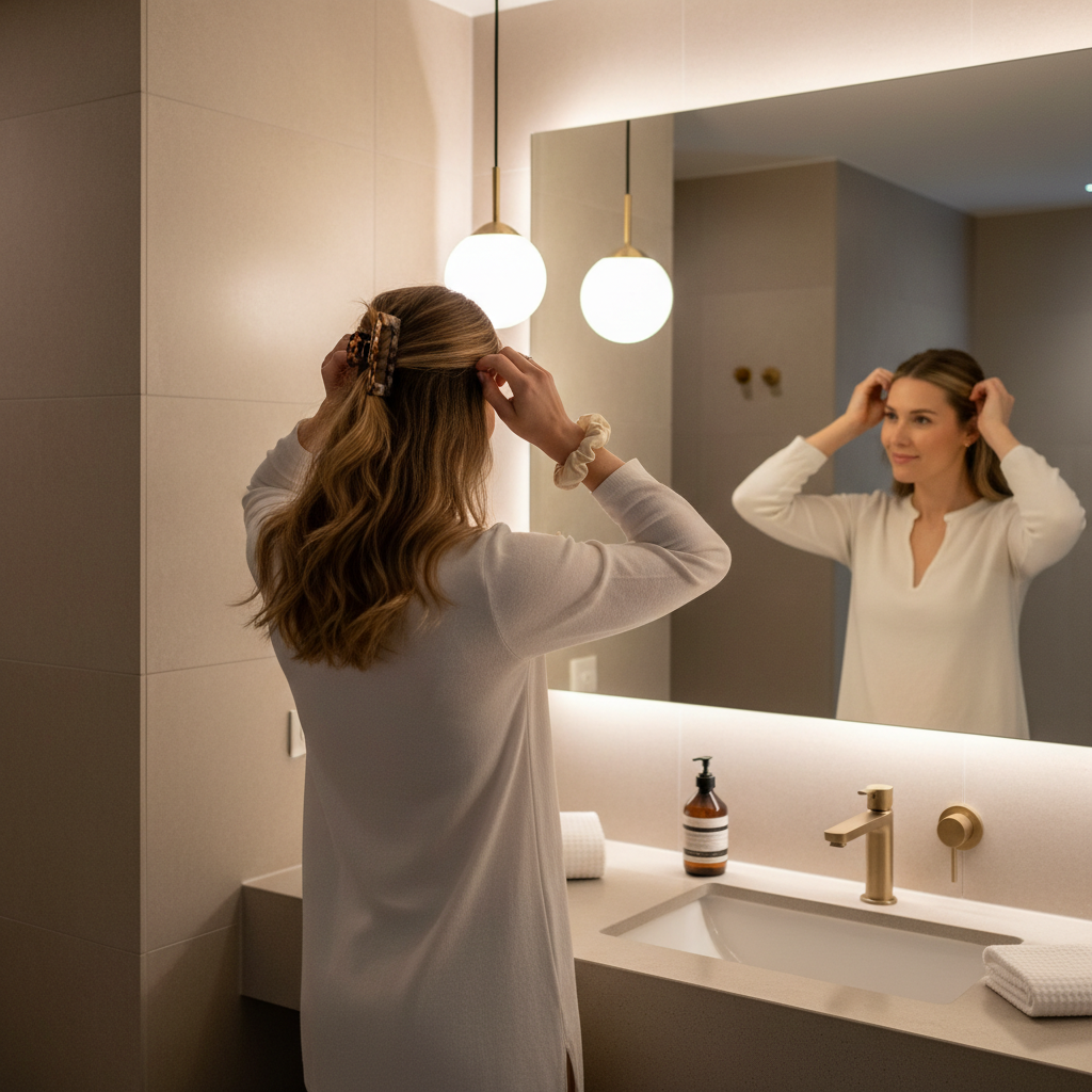 Traveler using a claw clip and scrunchie in a hotel bathroom mirror with soft lighting