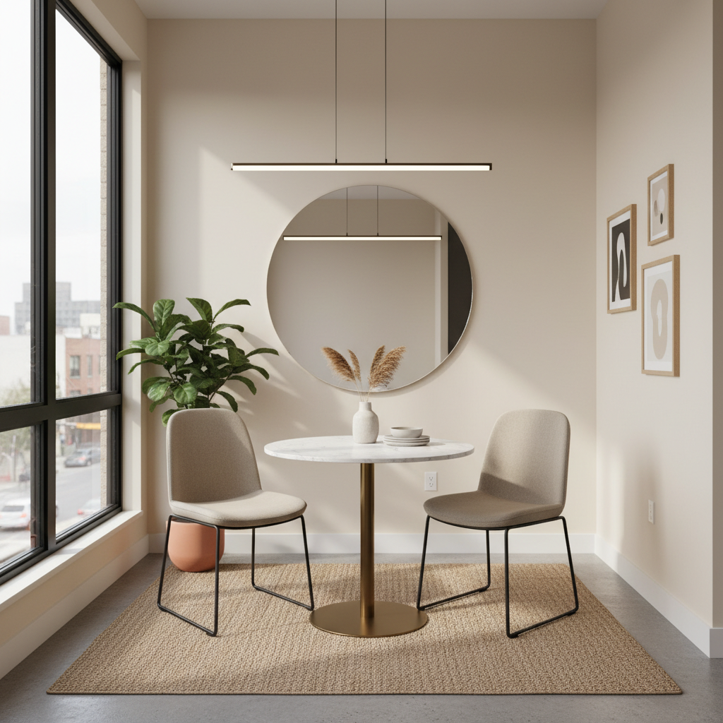 Compact apartment dining nook with round table and wall mirror