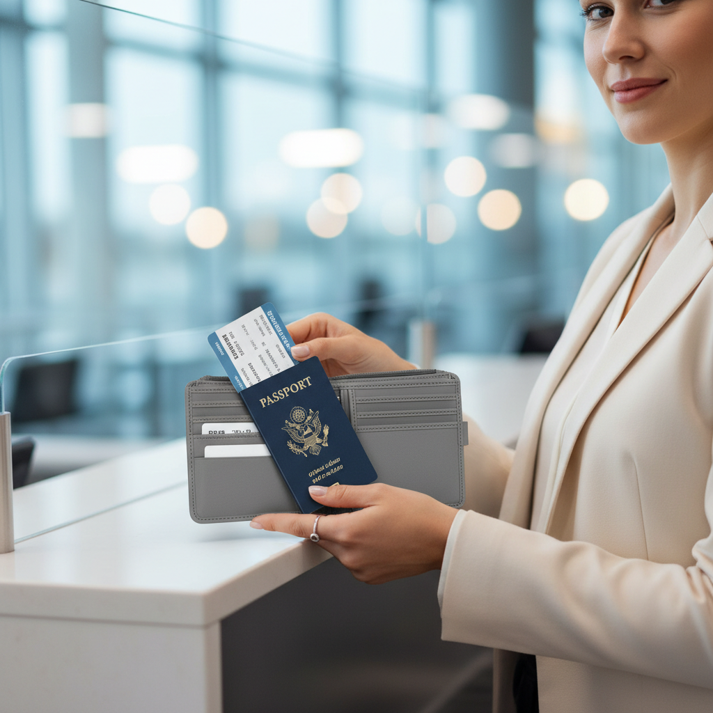Woman using an RFID travel wallet at an airport check-in counter