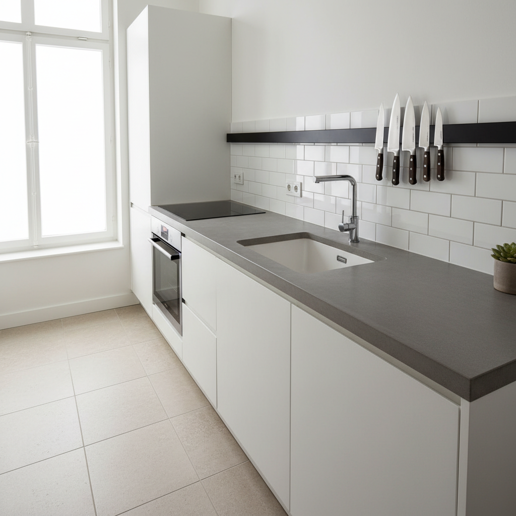 Small kitchen wall with a magnetic knife holder saving counter space