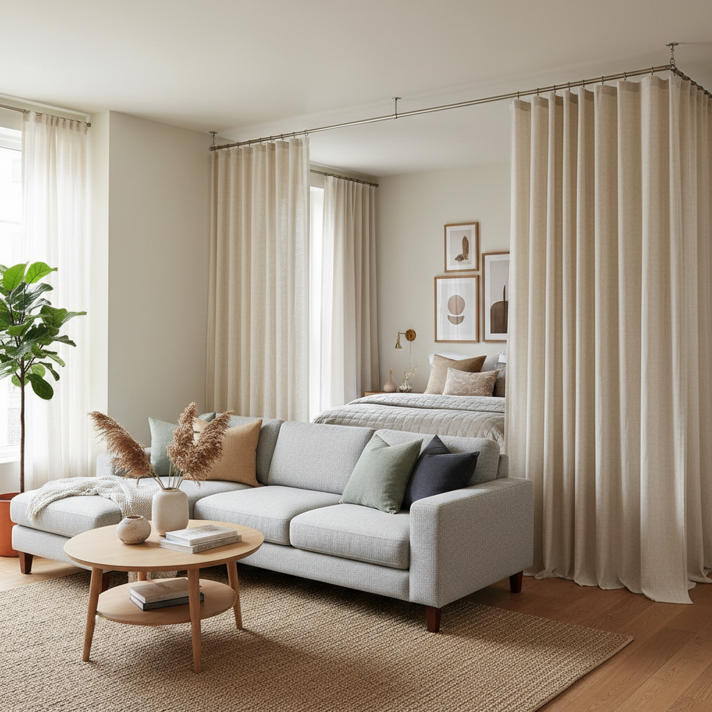 Renter-friendly studio divider with curtains separating bed area from living space