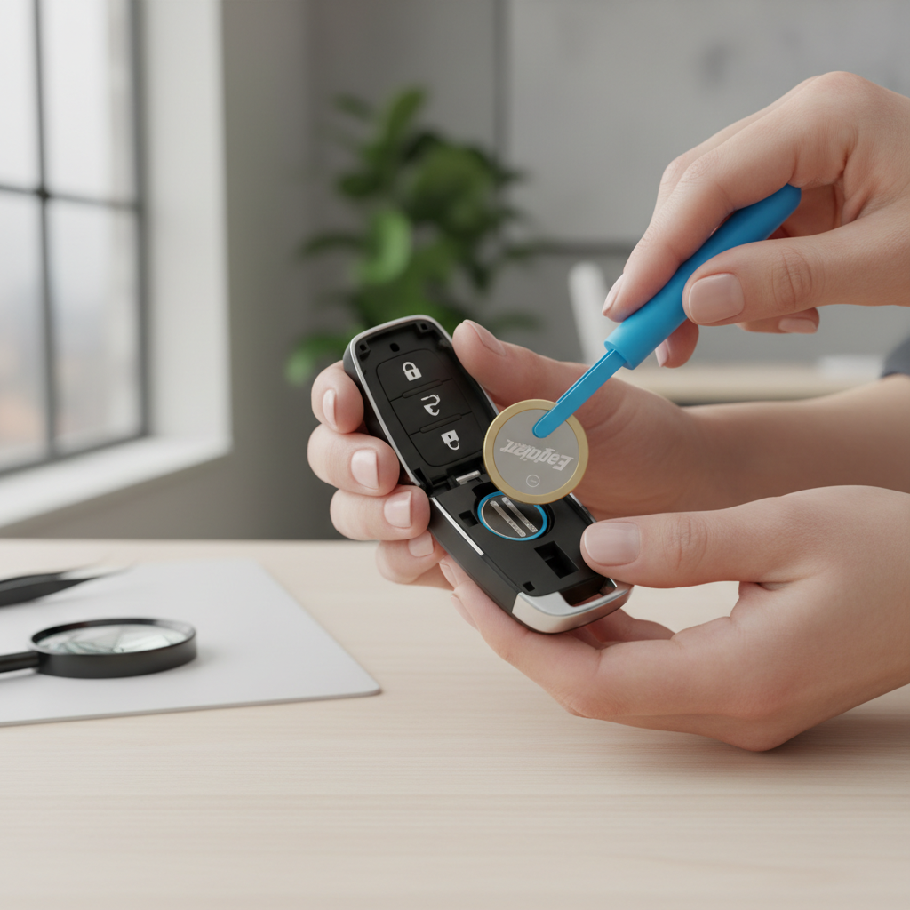 Hands opening a car key fob and inserting a coin cell battery safely