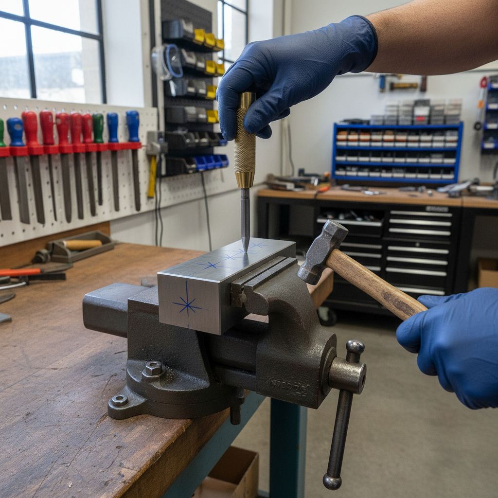 Workpiece clamped in a vise while positioning a center punch on a marked drill point