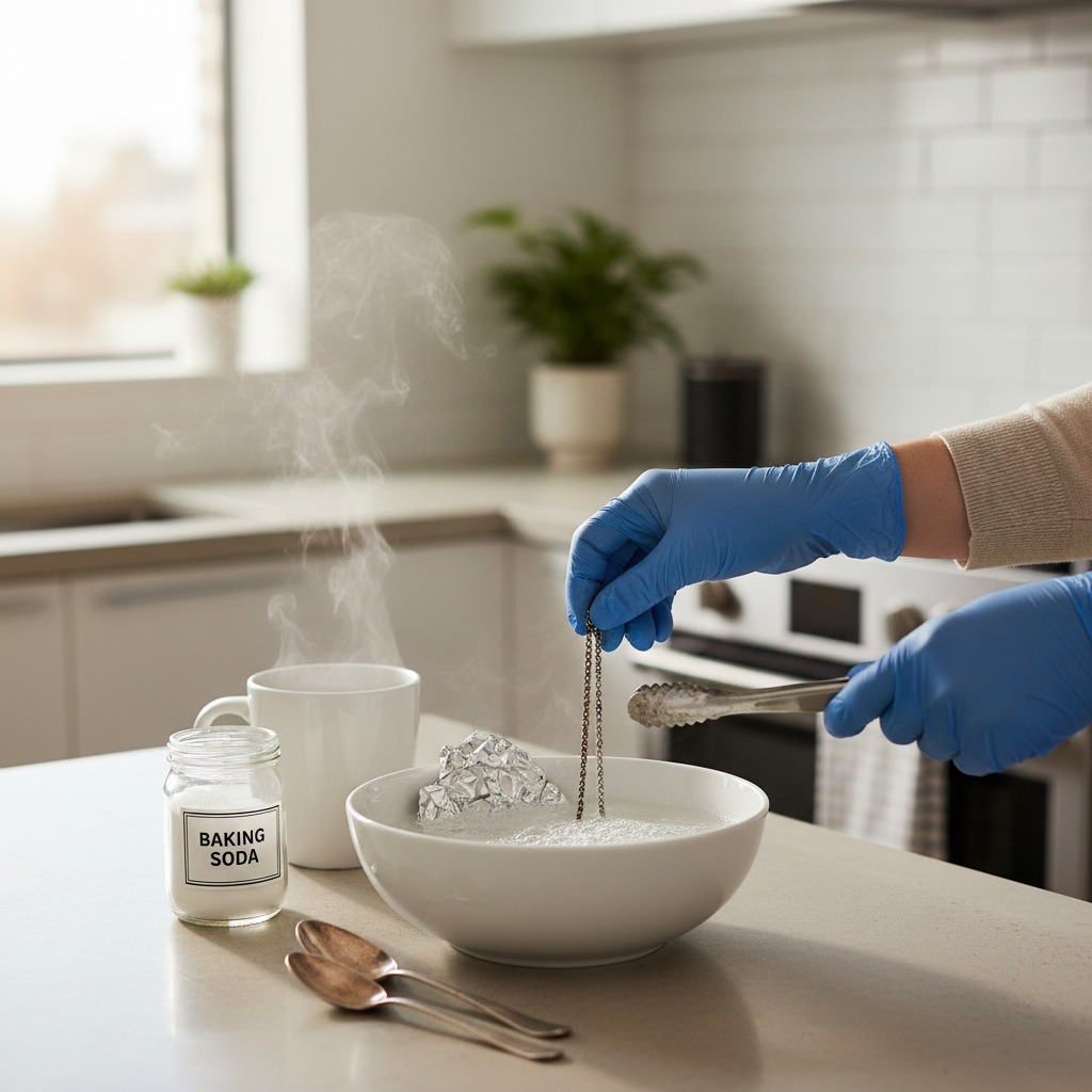 Demonstration of foil and baking soda silver cleaning method in a bowl