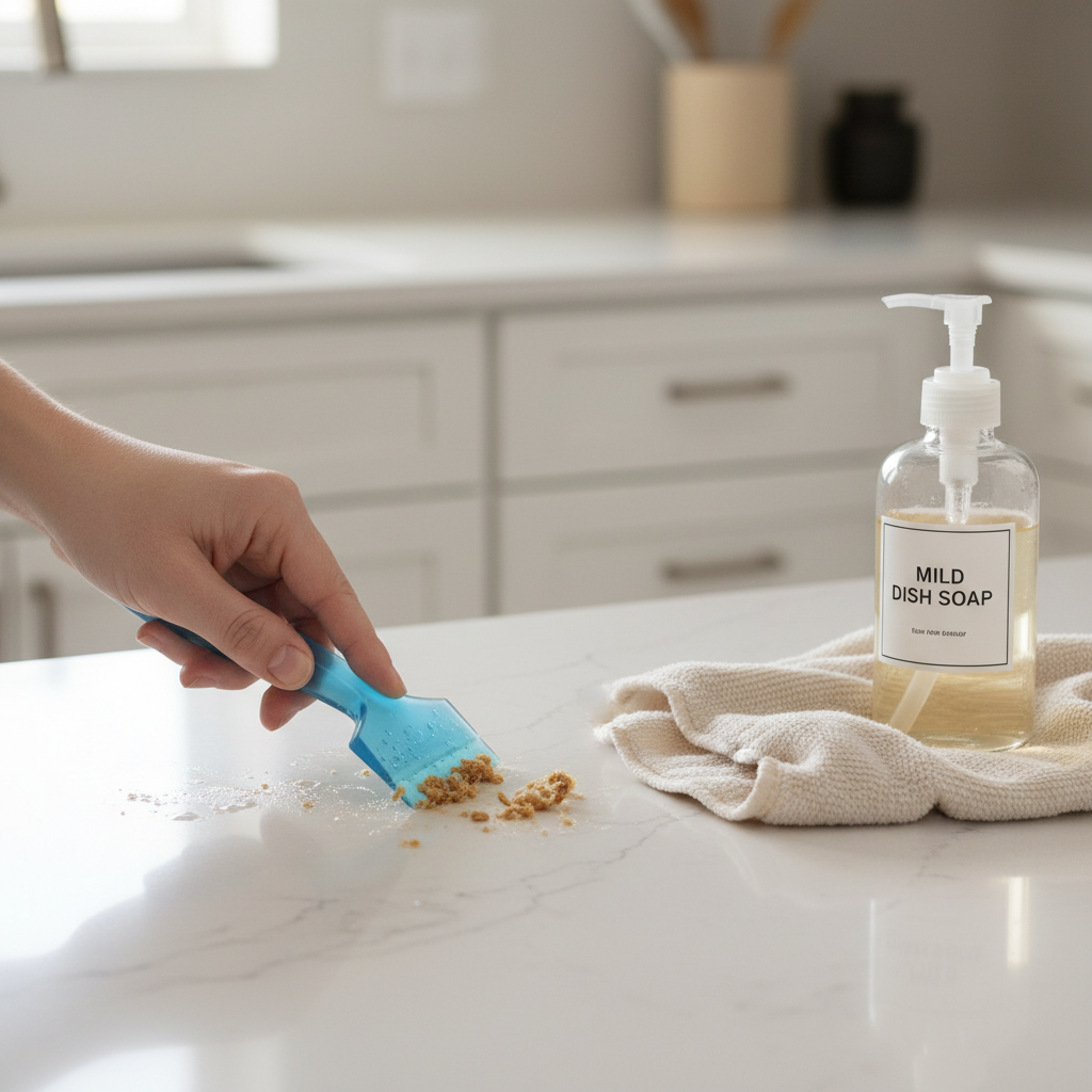 Removing a stuck-on mess from quartz countertop with a plastic scraper