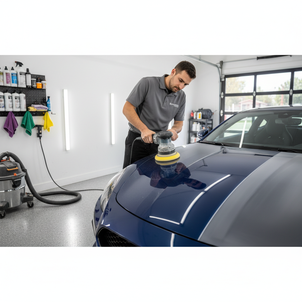 Detailer polishing a car hood with a dual-action polisher in a garage