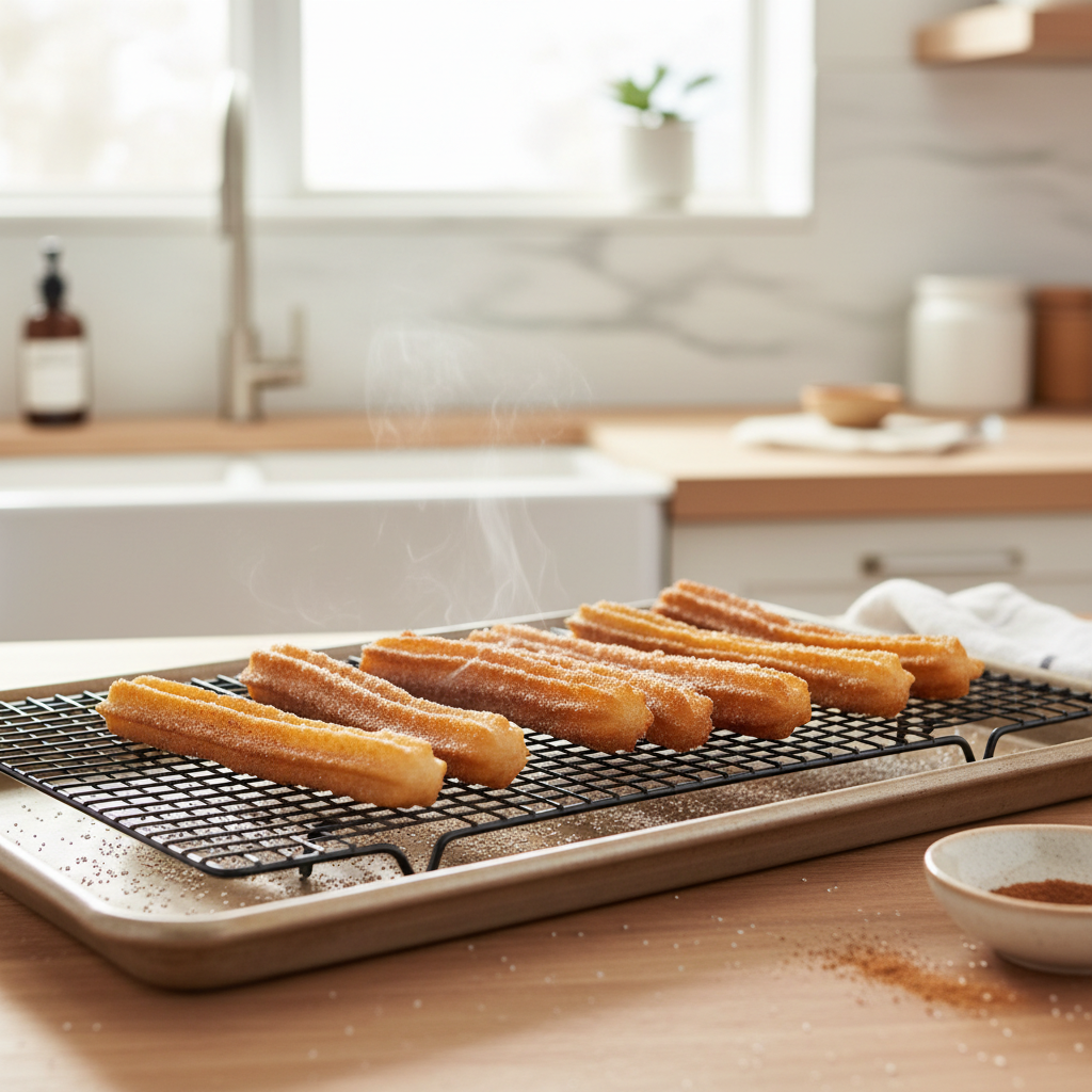 Freshly fried crispy churros draining on a rack in a home kitchen