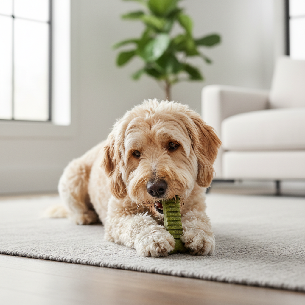 Dog chewing a dental chew at home to support teeth cleaning