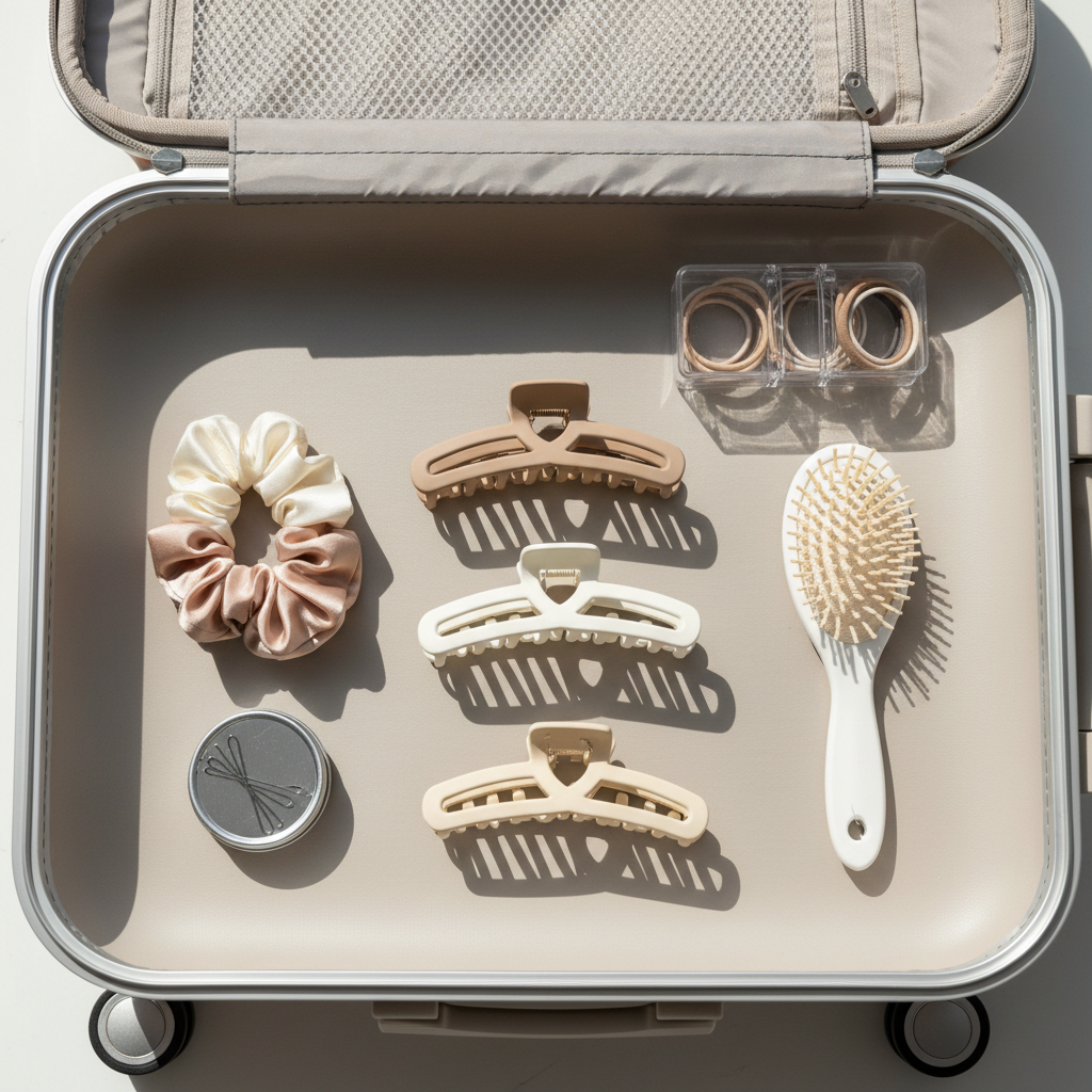 Travel hair accessories laid out for packing: claw clips, silk scrunchies, mini brush, and bobby pins