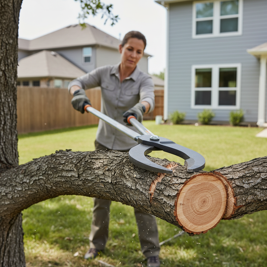 Lopper cutting a thick tree branch in a suburban backyard