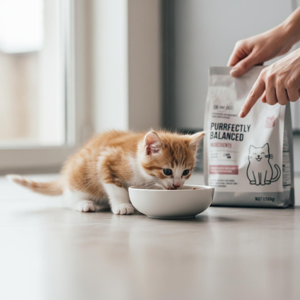 Kitten eating from a bowl while owner reads cat food label