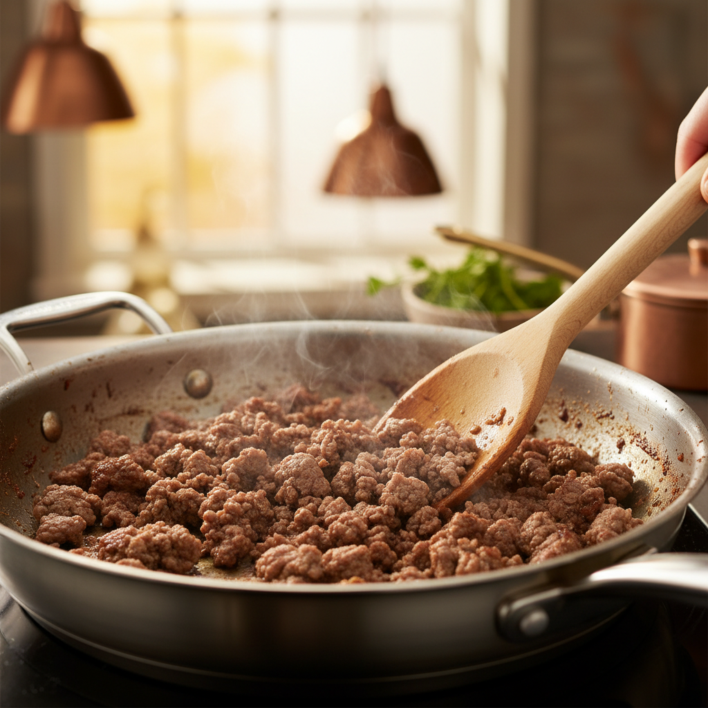 Ground beef browning in a skillet with visible caramelization