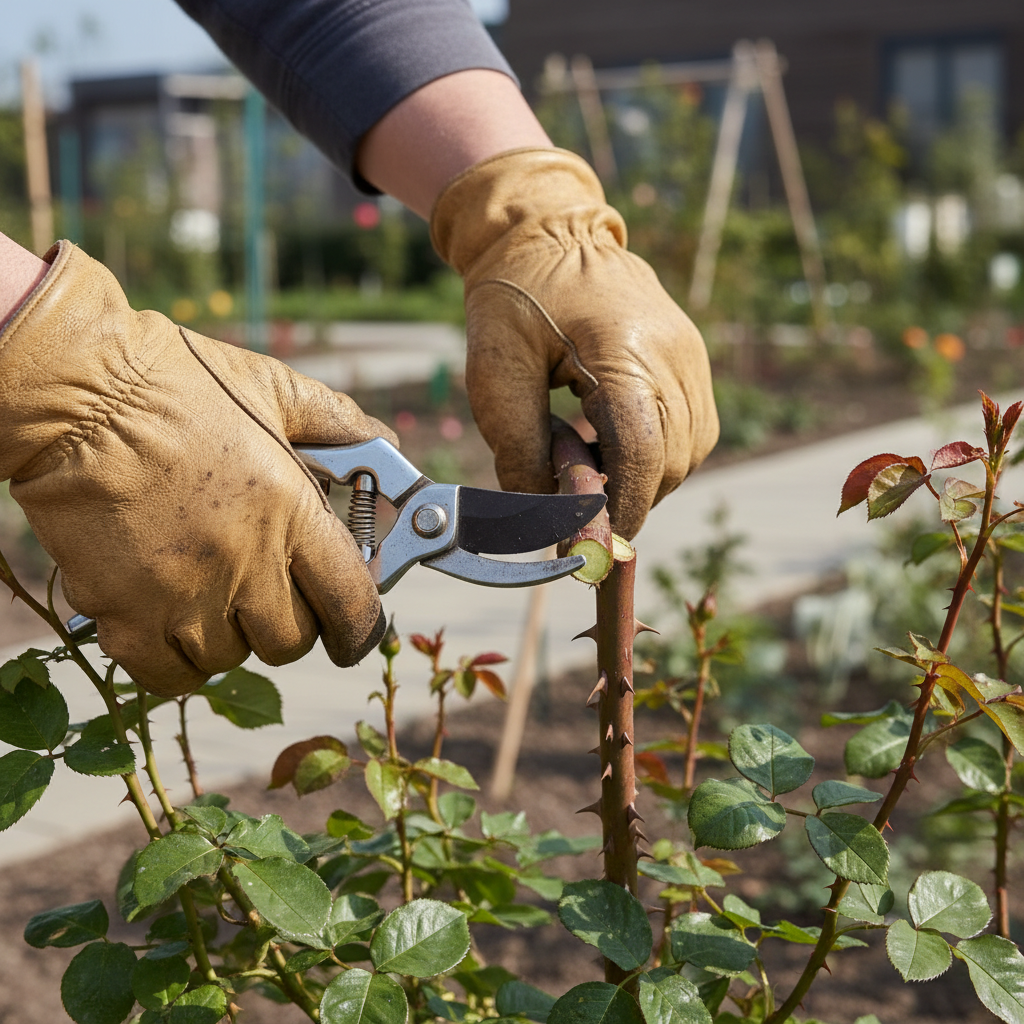 Hand pruning rose canes with bypass shears for clean cuts