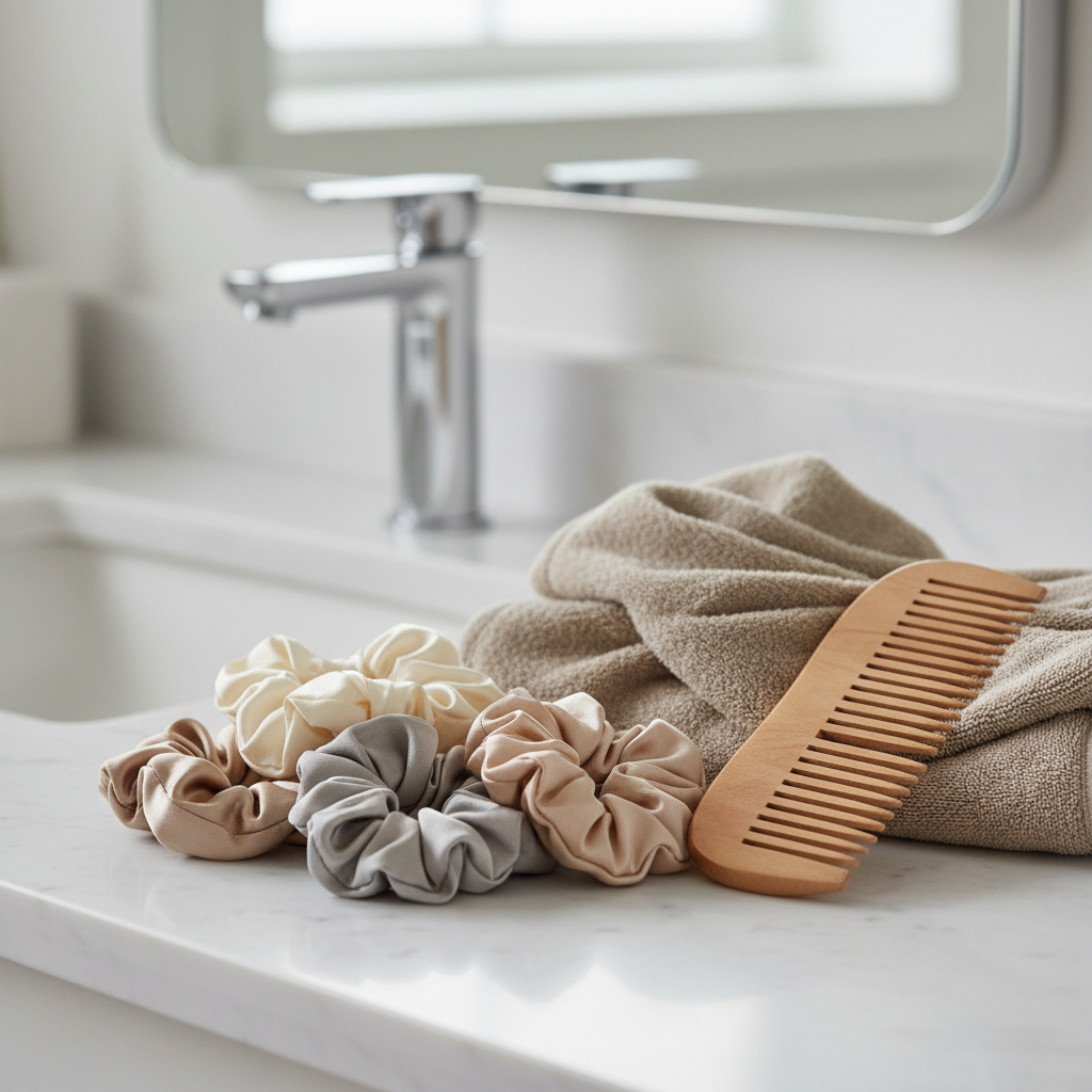 Silk and satin scrunchies next to curly hair care tools