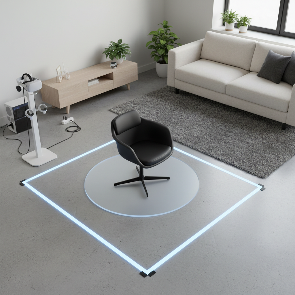 VR chair placement with boundary space, chair mat, and safe cable routing