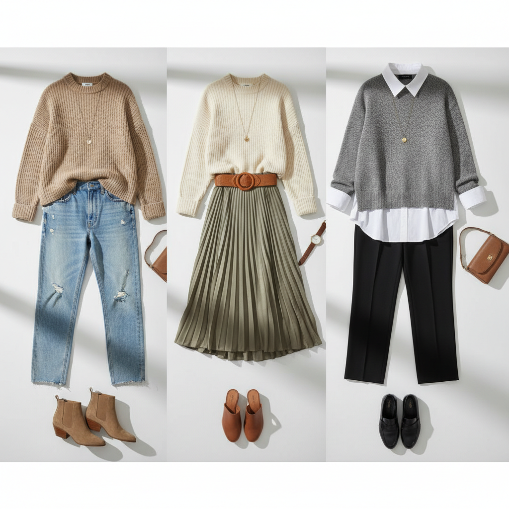 Oversized sweater styling ideas with jeans, skirt, and layered shirt collar