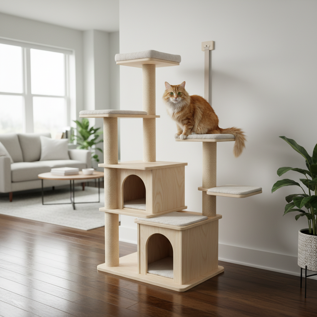 Cat tree secured with wall anchor and level base on hardwood floor