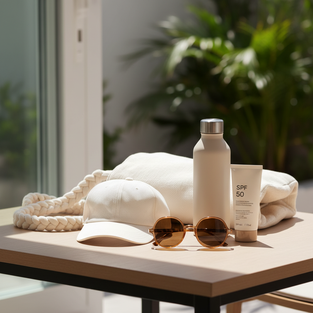 Hot weather accessories: cap, sunglasses, breathable bag, water bottle