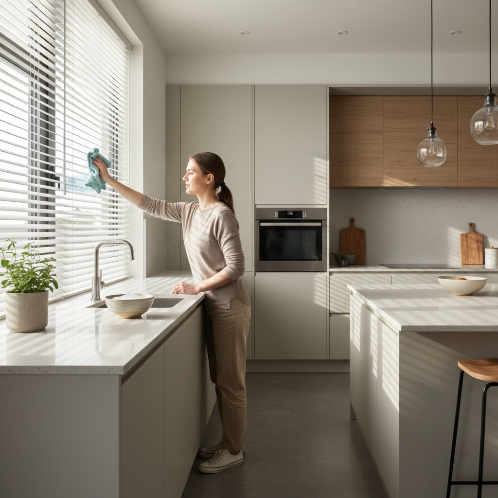 Kitchen blinds being wiped with a lightly damp microfiber cloth to remove grease