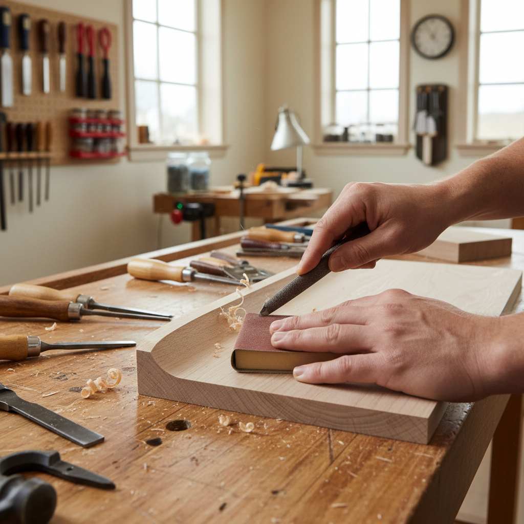 Sanding and refining a coping saw curved cut with a rasp and sandpaper block