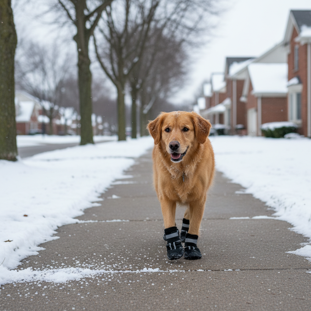 Dog wearing winter boots on a snowy sidewalk in a U.S. neighborhood