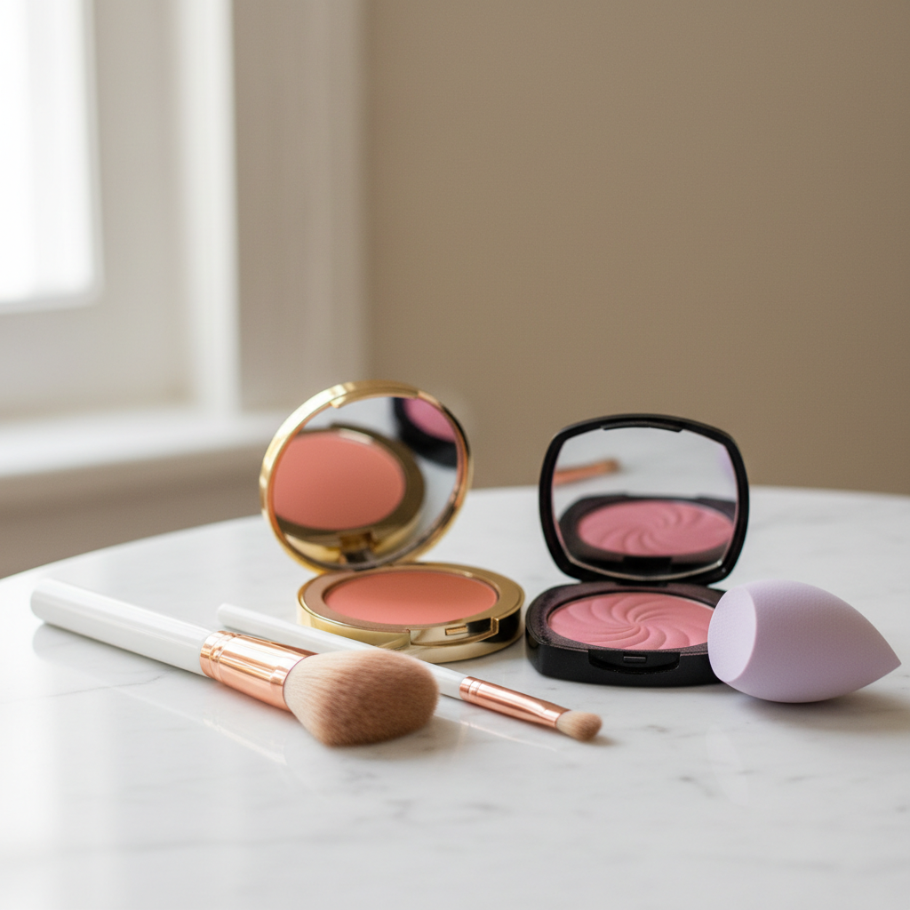 Makeup brushes and blush textures for round face blush application