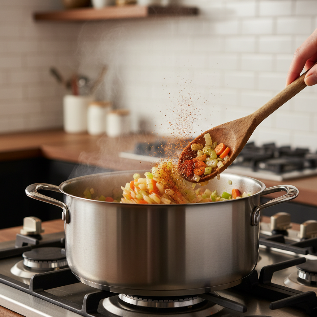 Simmering soup pot with sautéed aromatics and spices being stirred