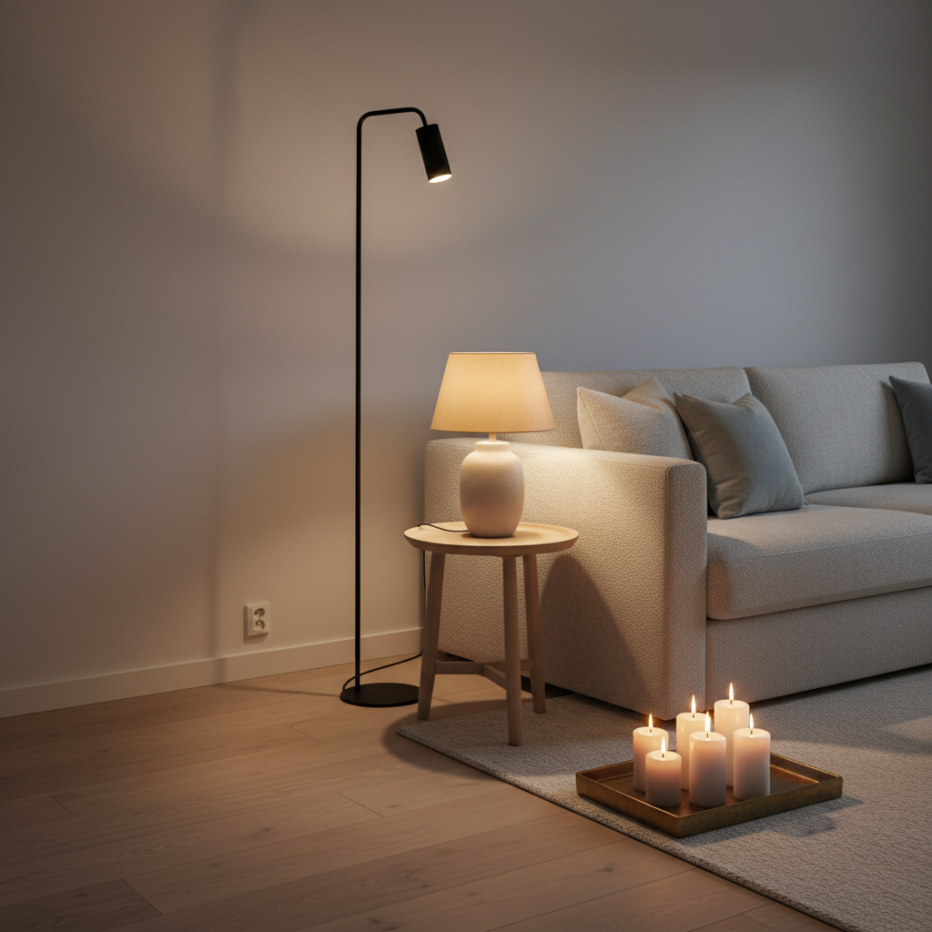 Scandinavian living room lighting layers with floor lamp, table lamp, and candles