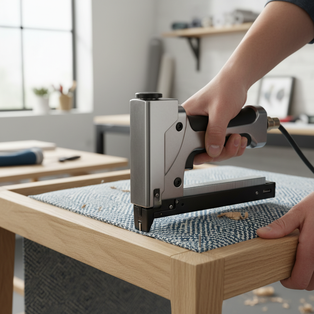 Upholstery staple gun stapling fabric onto a chair frame