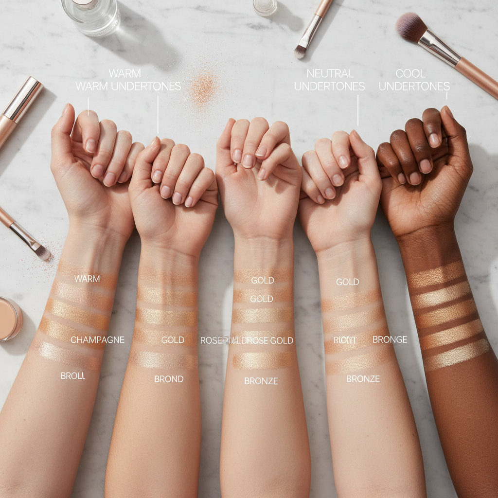 Highlighter shade swatches on different skin tones with undertone labels