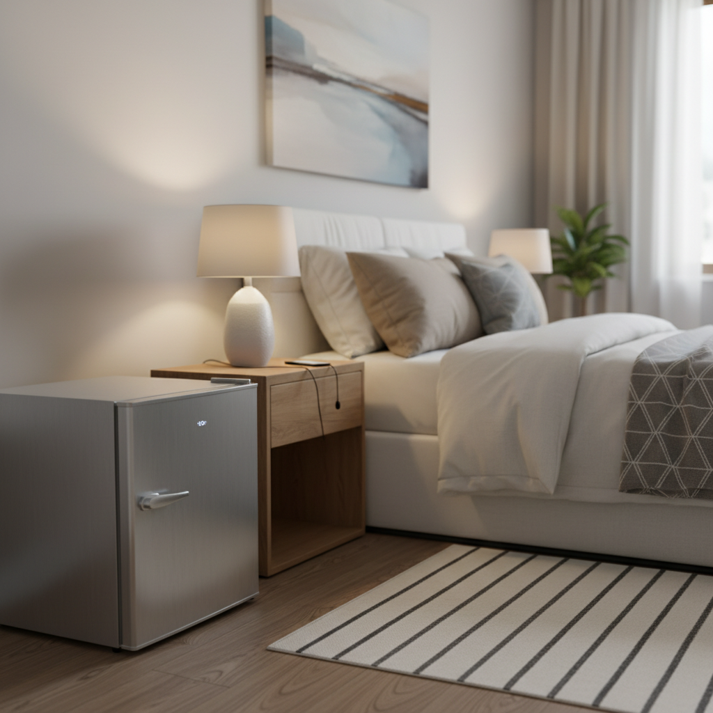 Quiet mini fridge in a bedroom setup next to a nightstand