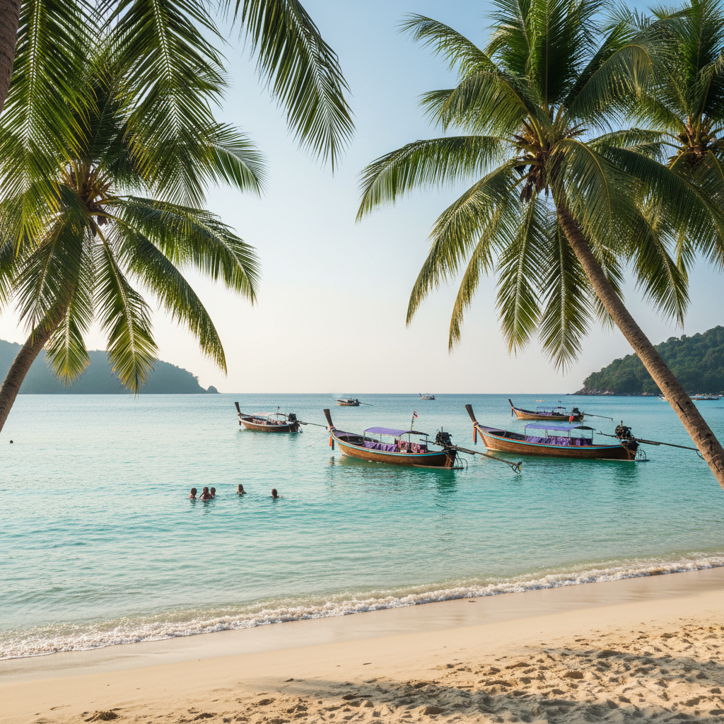 Calm Phuket bay with longtail boats and swimmers near shore