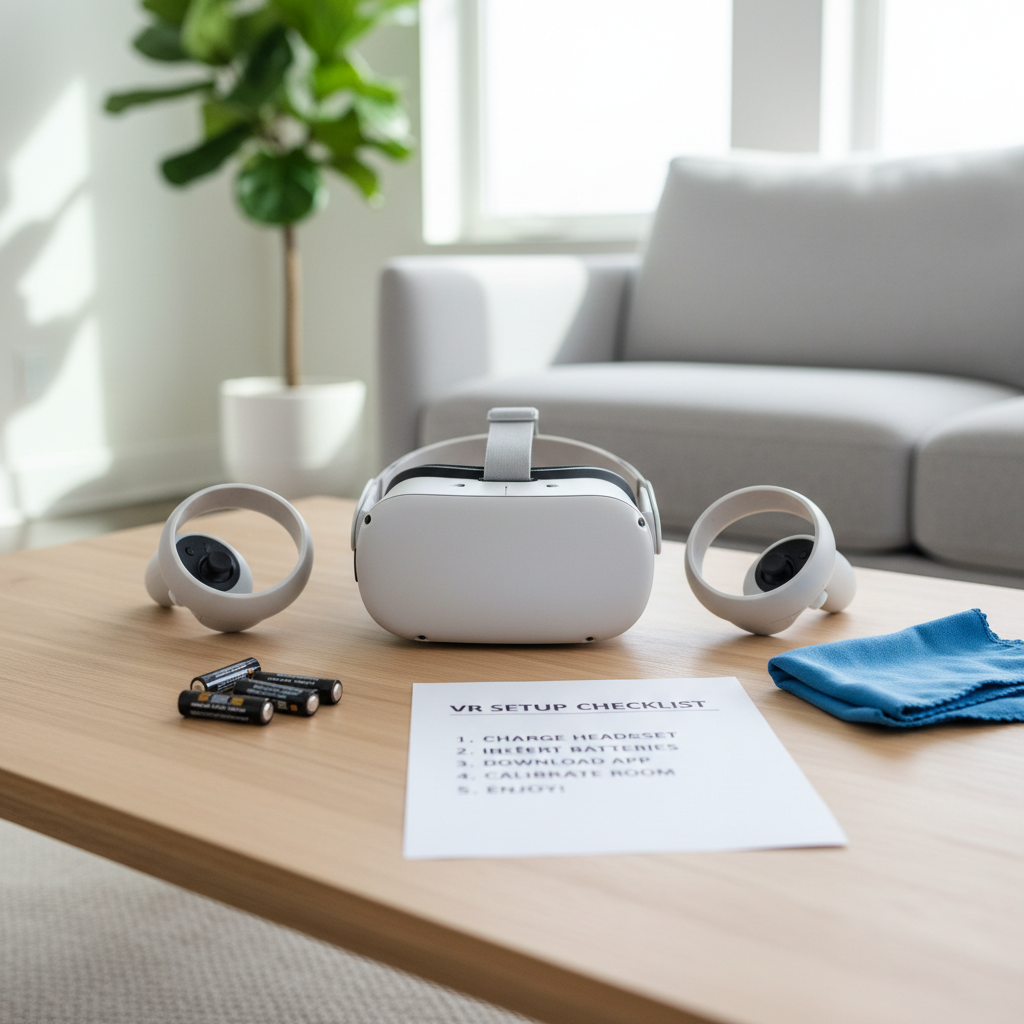 VR party game setup checklist on a coffee table with headset and controllers
