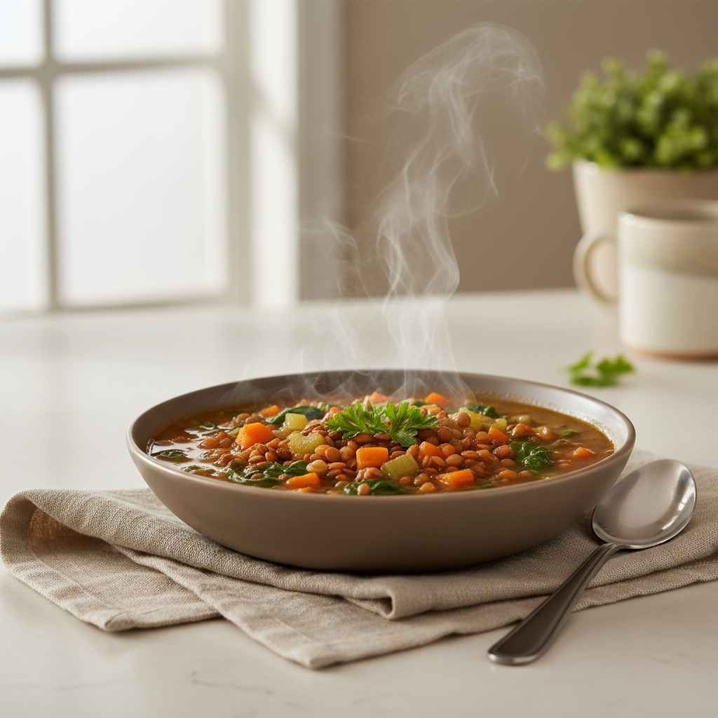 Bowl of easy vegan lentil soup with vegetables and herbs